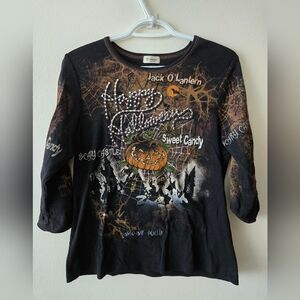 Cactus M Black & Orange Bedazzled Halloween Theme 3/4 Sleeve Tee 100% Cotton